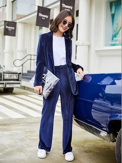 朝花夕拾女装品牌2019秋冬深蓝色丝绒休闲 织带运动裤