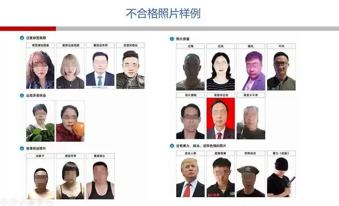 不合格例图如下:注意:应上传近6个月内的白底证件照片,不得对人像特征