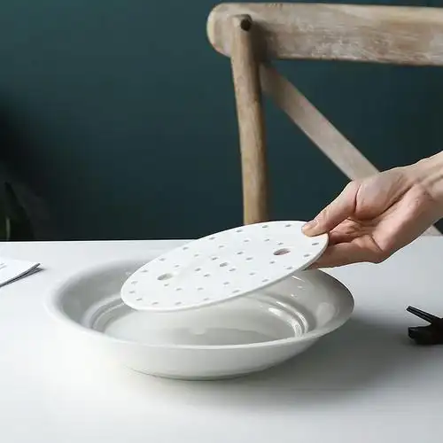 双层沥水陶瓷饺子盘餐盘圆形家用大号水饺盘三文鱼寿司盘蒸鱼盘饺子盘