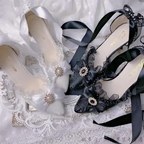 洛丽塔鞋子汉姿娇语手作lo鞋白月光百搭法式尖头优雅高跟鞋洛丽塔婚鞋