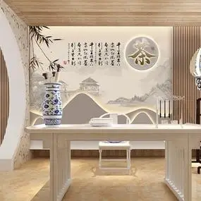 新中式禅意栅栏发光壁纸茶叶店茶室墙纸茶道茶艺茶叶直播间背景墙