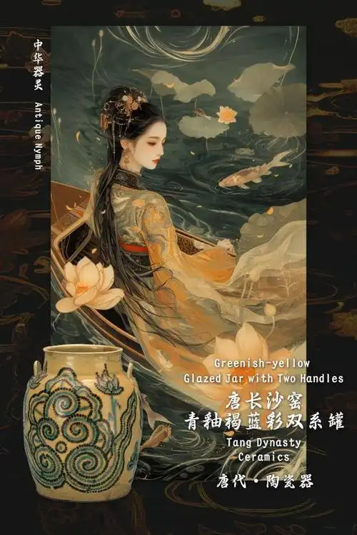 夜赏宝贝晚安之唐长沙窑青釉褐蓝彩双系罐