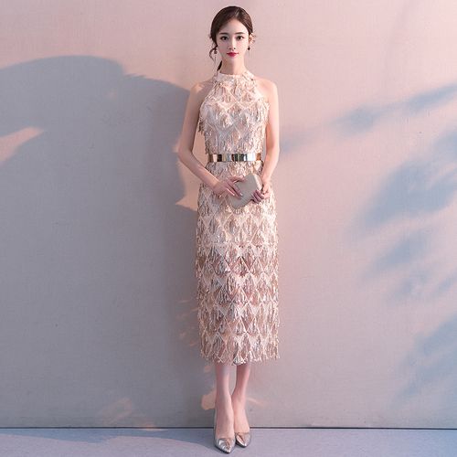 喜兰朵旗舰店的优惠券大全—宴会晚礼服裙女2020新款高贵优雅香槟金色