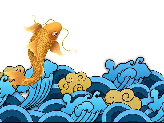 彩色手绘古风国潮风中国风祥云海浪金鱼国潮元素png素材国潮风国潮