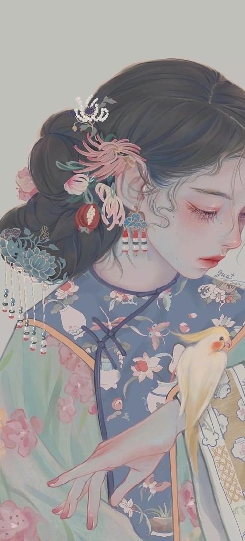 手机壁纸超级好看的古风手绘女生壁纸花香蝶自飞舞