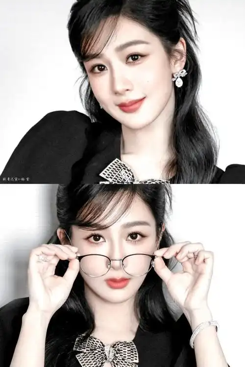 杨紫斜刘海黑框眼镜##杨紫黑色镂空蝴蝶结短裙