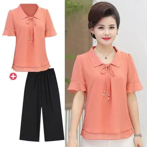 单件套装夏季妈妈装夏装雪纺衫上衣裤子两件套中老年大码女装t恤广赫