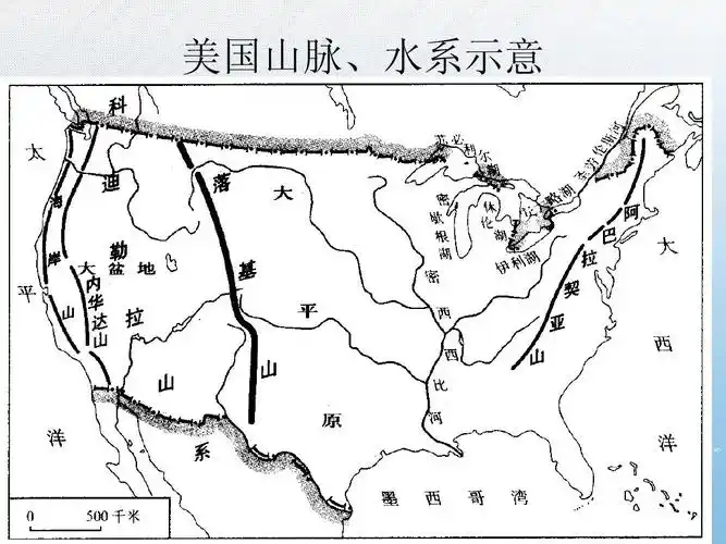 世界地理(美国和加拿大) 美国山脉,水系示意
