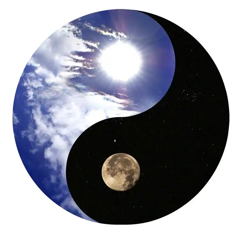 阴阳五行,阴和阳的天空和太阳在星空, 下午和晚上的月亮的标志