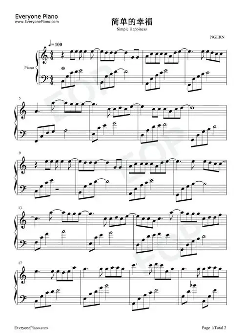 简单的幸福-c调简单版五线谱预览1-钢琴谱文件(五线谱,双手简谱,数字
