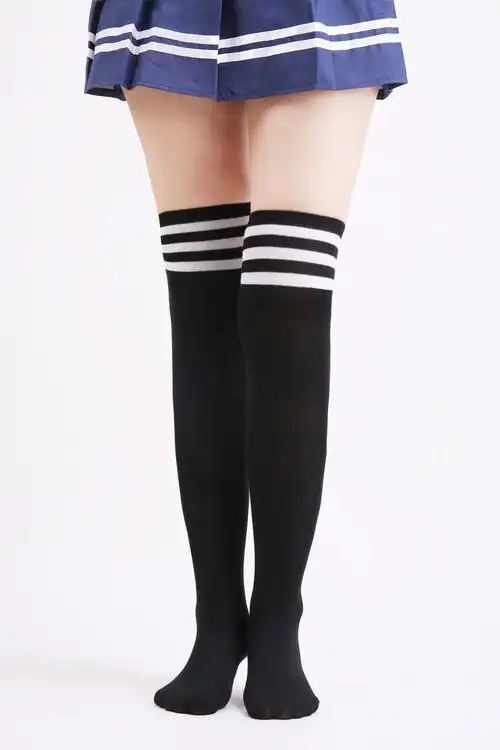 原宿袜子学院风日系黑白三道三杠条纹学生过膝足球女袜子长高筒袜
