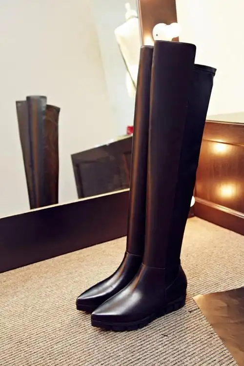 超修身性感!全牛皮真皮欧美性感尖头坡跟中跟过膝长靴子骑士靴女