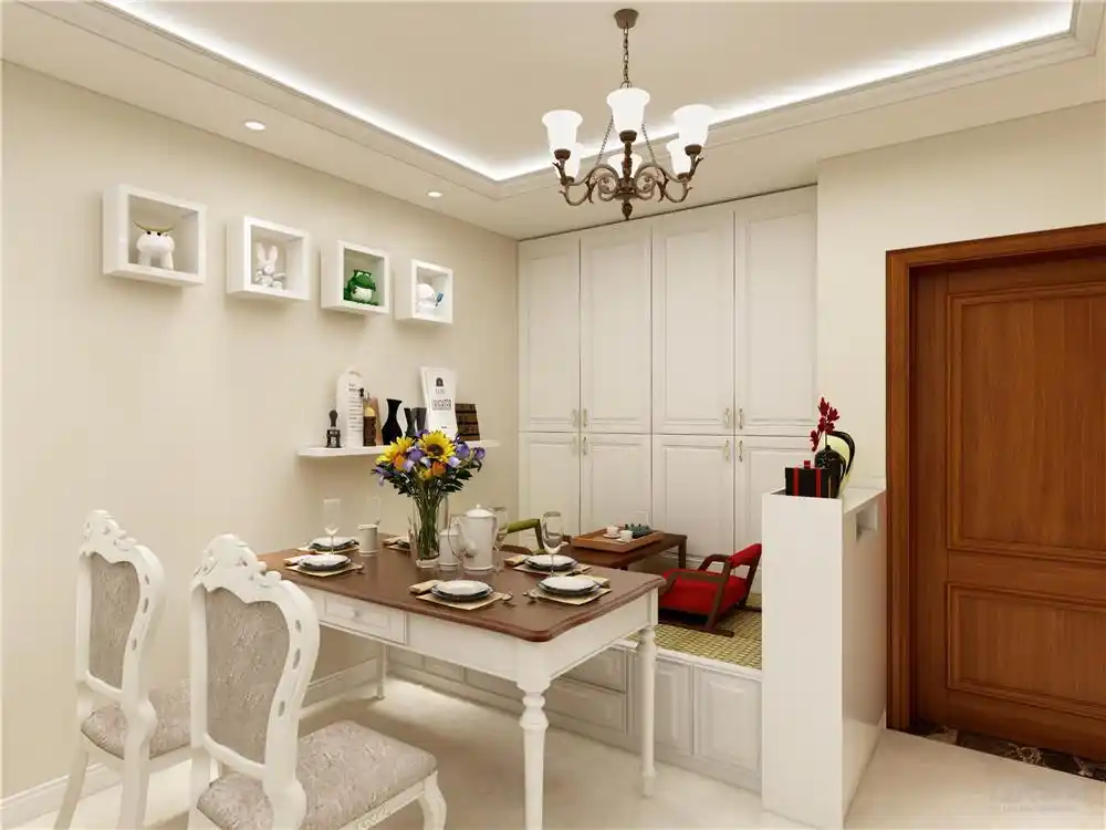 效果图:玄关和餐厅二合一,利用榻榻米和小矮柜做储物餐边柜的设计多种