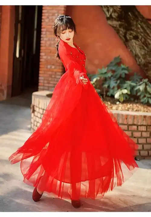 红色汉服女秋季中国风古装襦裙仙气古风套装改良连衣裙沙漠红裙