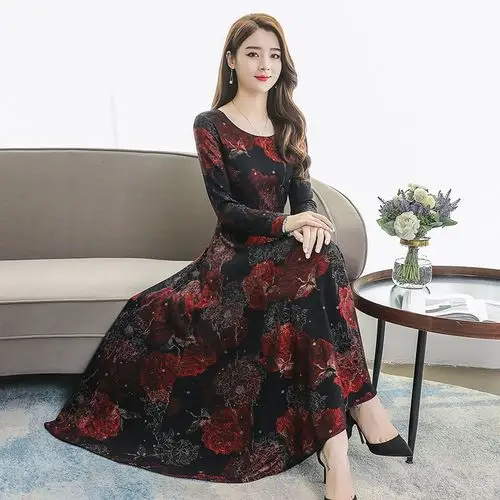 时尚女装 新款春秋高端气质高档法式复古长袖连衣裙子中长款长裙