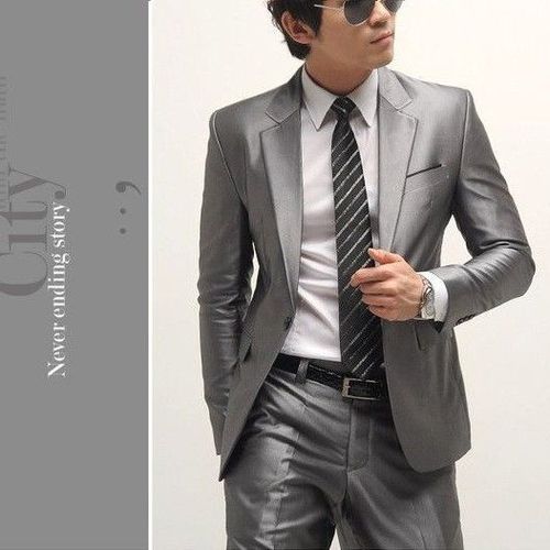 银灰色修身男式西服外套垂感商务男士西装上衣男式服装新郎小西服