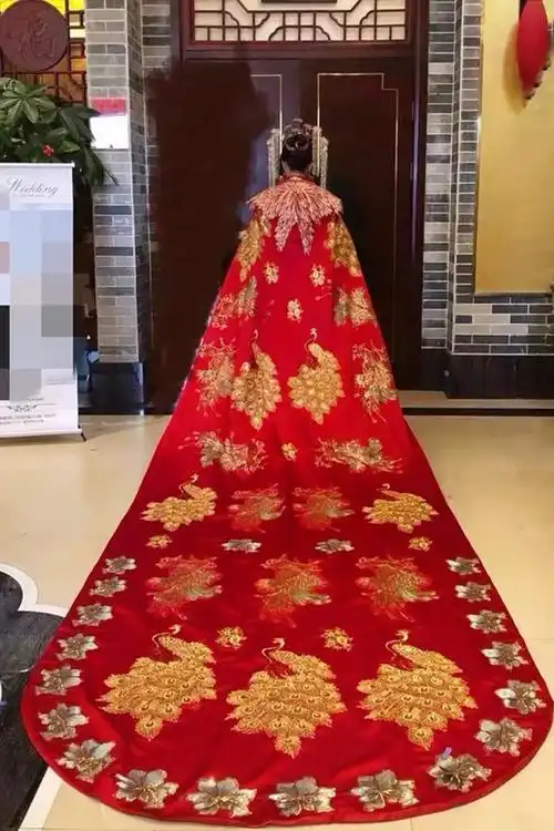 汉服婚服凤冠霞帔大拖尾嫁衣中式婚礼秀禾服新娘皇后披风结婚披肩秀