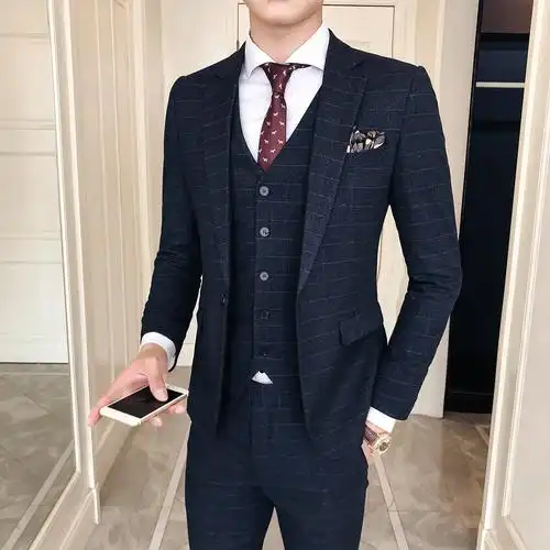 英伦格子修身单扣西服套装 新郎结婚西装套装1720/p290