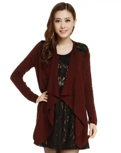 枣红色开襟时尚长袖毛衣