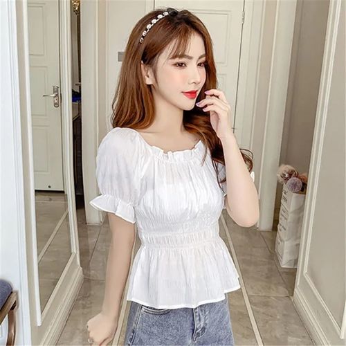 雪纺衫短袖女夏季韩版收腰显瘦气质女纯色褶皱一字肩女士上衣小衫
