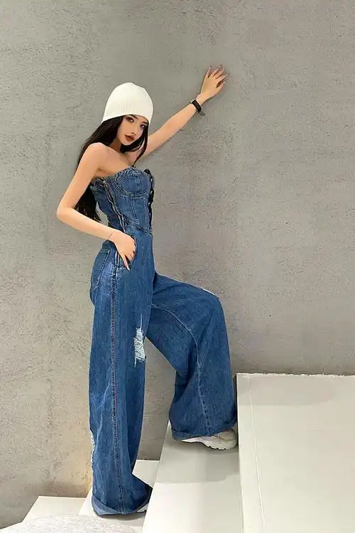 抹胸连体牛仔裤微胖辣妹性感女大码新款设计感高腰显瘦阔腿裤牛仔连体