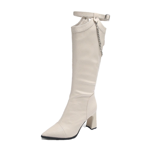 秋冬链条中筒高跟鞋长筒靴尖头细跟白色长靴女高筒靴2023年新款