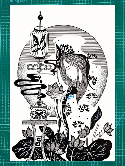 黑白线描装饰画人物装饰绘画