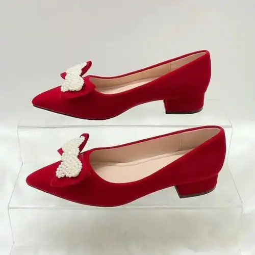 法式高跟鞋婚鞋2024年新款女水钻粗跟酒红色秀禾服婚纱两穿新娘鞋