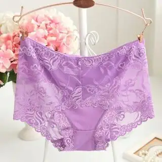 逆行 情趣内衣 透明蕾丝提臀收腹高腰三角内裤(红紫色)