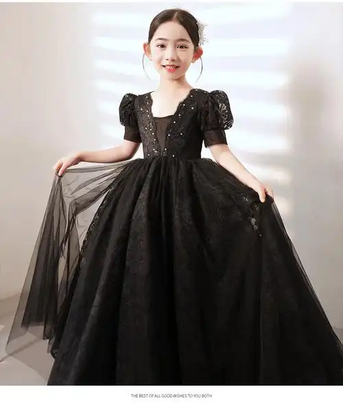 欢稚儿童黑色礼服高端女童万圣节服装女巫婆走秀主持人钢琴演奏演出服