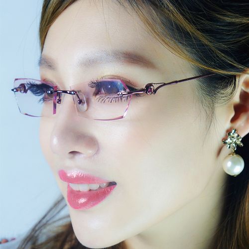 女士眼镜框镜架近视_女士无框镶钻切边眼镜架 钛合金眼镜框 钻石近视