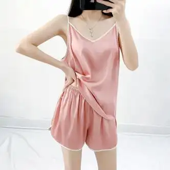 奈柔韩新款性感冰丝缎面睡衣女夏薄仿真丝绸学生吊带背心短裤家居服