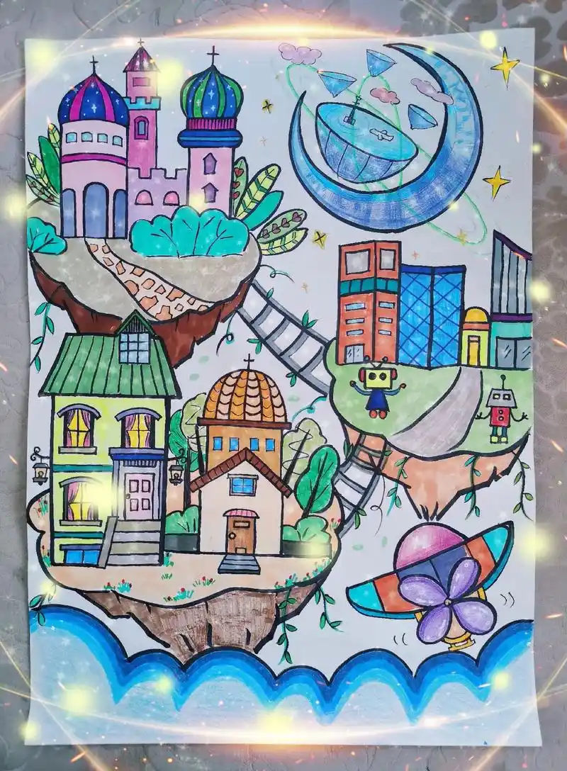 小学生科幻作业未来之城理想之城.#科幻画 #儿童画 #手绘  - 抖音
