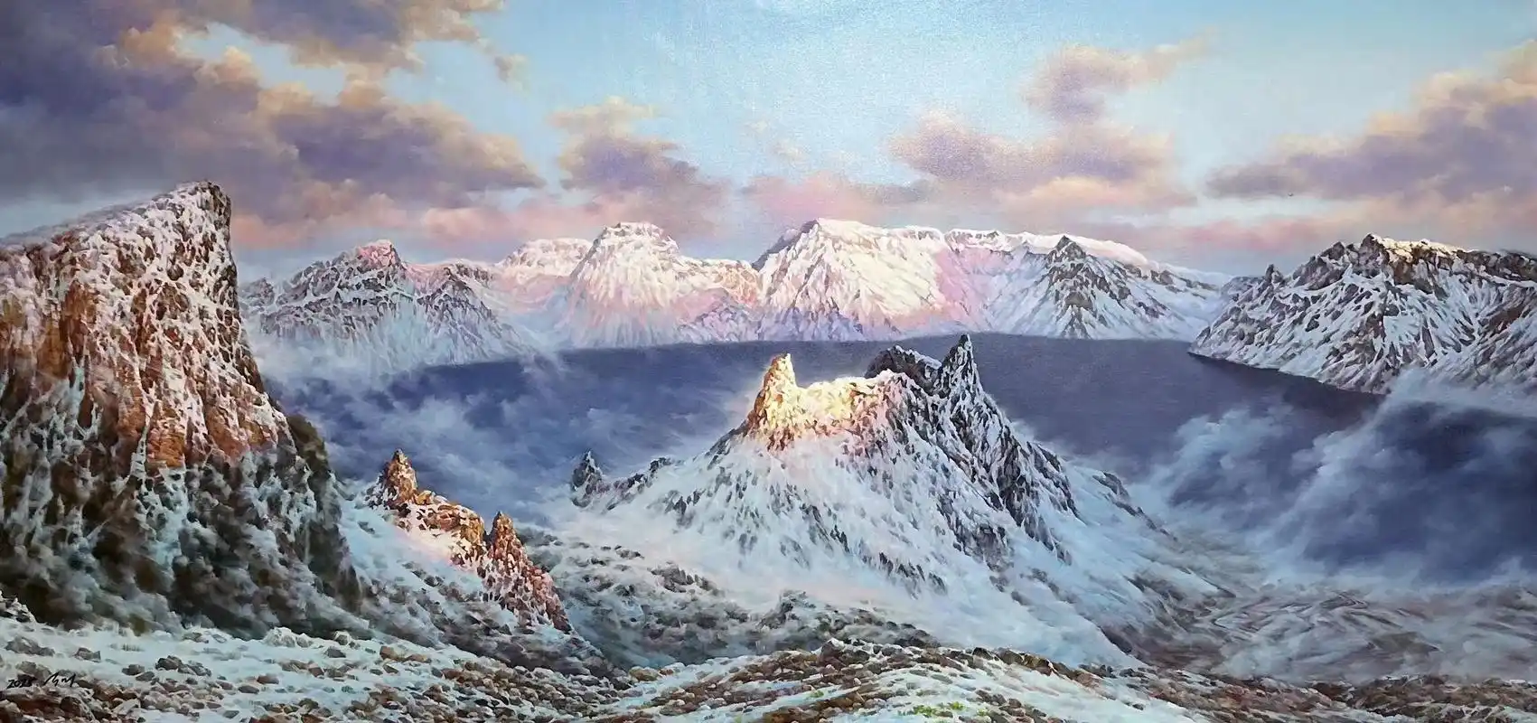 纯手绘油画,长白山天池.纯手绘油画,长白山天池