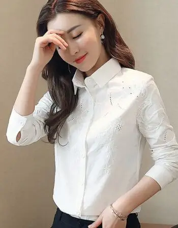 秋冬新款百搭显瘦ol白衬衫女装长袖职业上衣修身打底翻领衬衣女式绣花