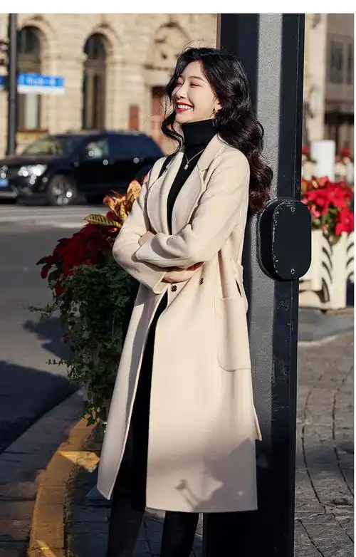 品牌女装米色双面羊毛大衣女长款2021年新款冬羊毛双面毛呢外套米色m