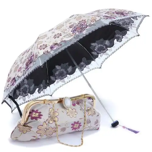 天堂伞正品高档遮阳伞黑胶防晒防紫外线伞双层太阳伞蕾丝绣花伞女