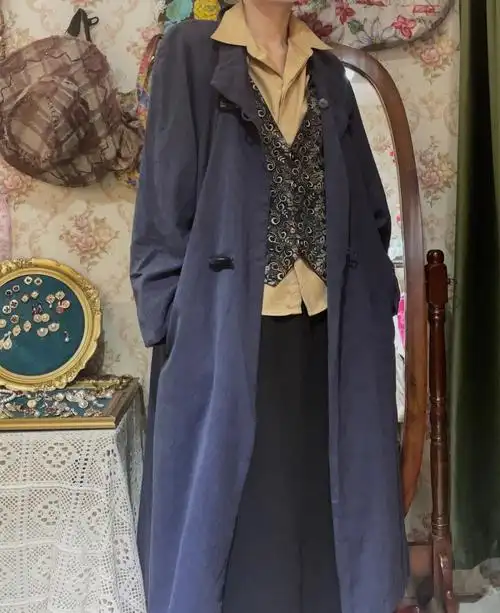 长沙古着藏青色羊角扣斜立领西装