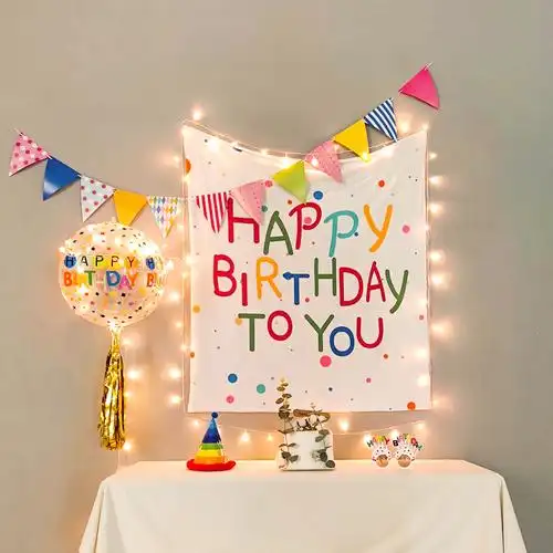 ins风简约生日布置带彩灯装饰派对用品4d气球英文生日快乐背景墙