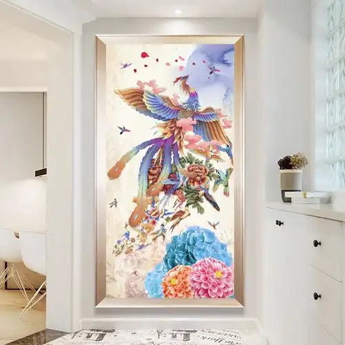 蒙娜丽莎十字新款线绣百鸟朝凤团花聚福客厅竖版玄关十字绣套件