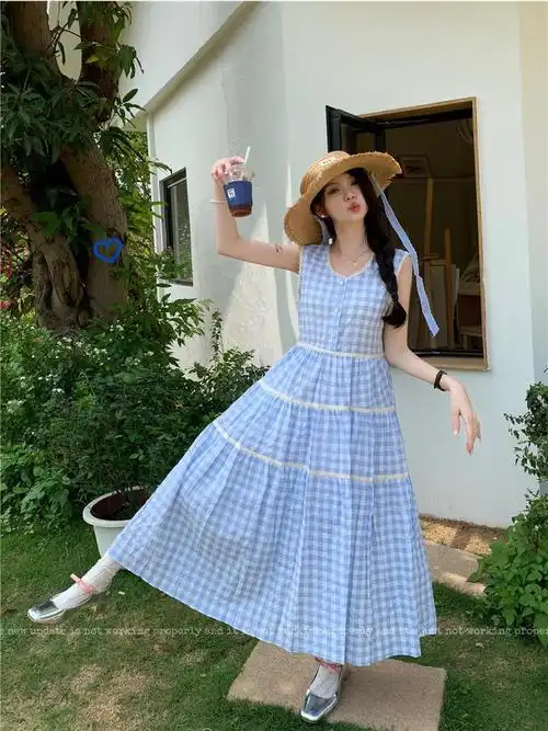 蓝色格子无袖背心连衣裙女夏季2024新款小清新少女心甜美减龄长裙