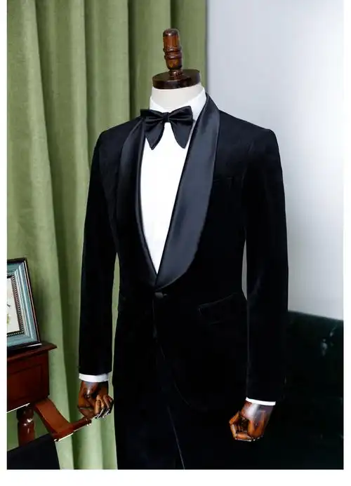 晚礼服男英伦宴会轻奢金丝绒西服男士婚礼新郎主持青果领塔士多西装