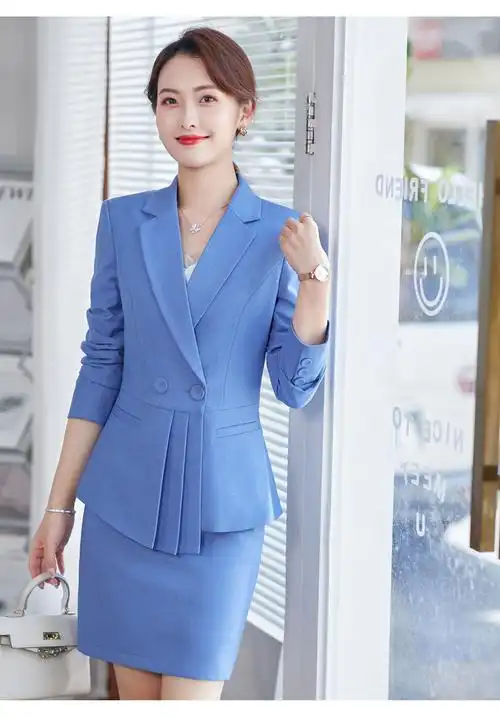 彩蓝色西装外套女春秋时尚别致压褶设计感主持人播音正装套装春 - 17