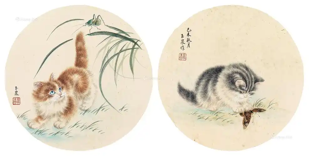 0053猫戏秋虫图镜片二开设色纸本