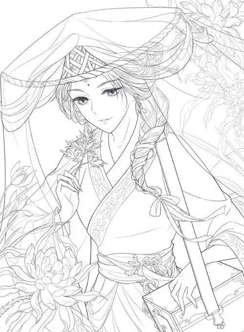 唯美古风涂色线描集 飞乐鸟 汉服主题涂色书美女人物临摹手绘插画线稿