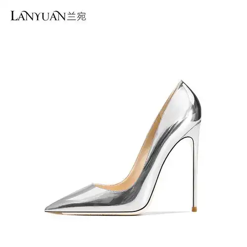 兰宛12cm银色高跟鞋女2021年秋冬新款设计感小众尖头细跟欧美单鞋
