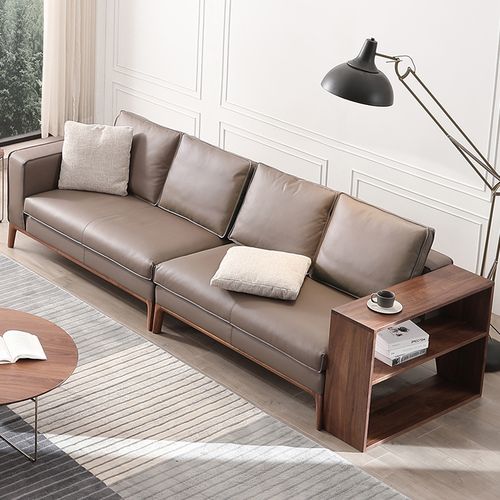 意式轻奢沙发实木创意真皮沙发头层牛皮黑胡桃木沙发客厅四人位