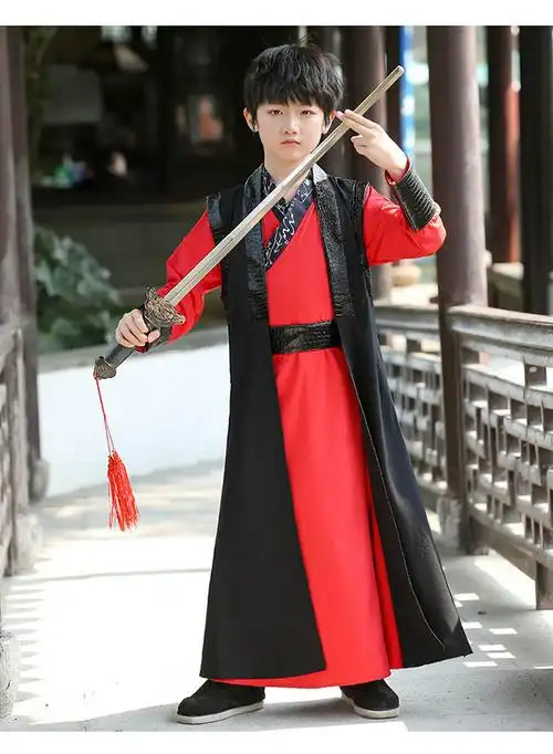 国学演出服小男孩古风公子少爷服黑红色套装折扇靴子110建议身高95110