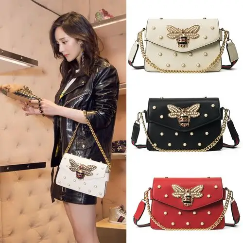 杨幂明星同款蜜蜂珍珠链条包手提包单肩包包潮