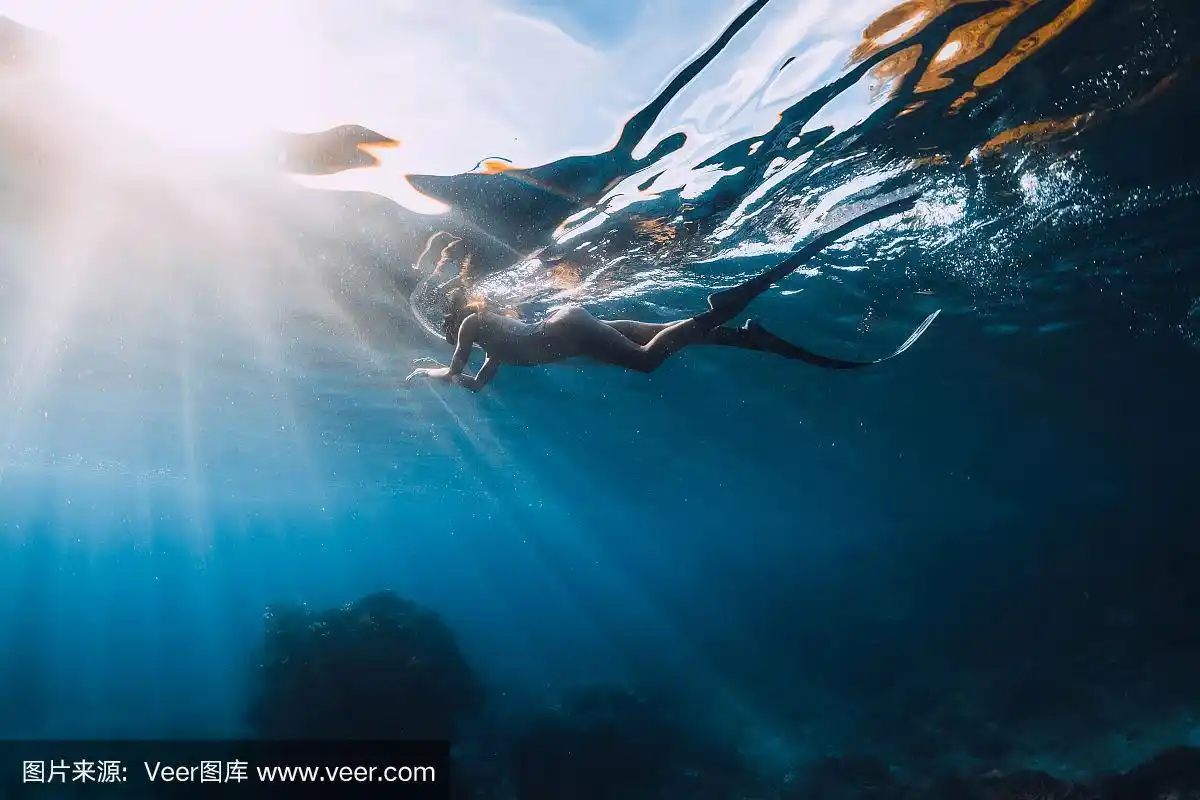 女人,自由潜水,水下,海洋,蓝色